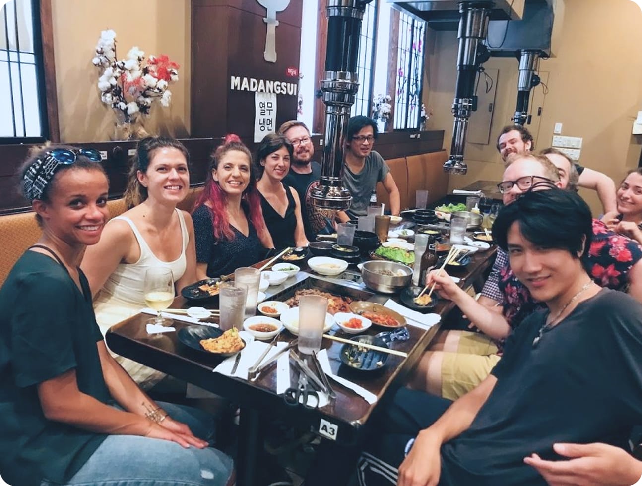Animalz team members gathered around a restaurant table in the agency’s early-team photograph