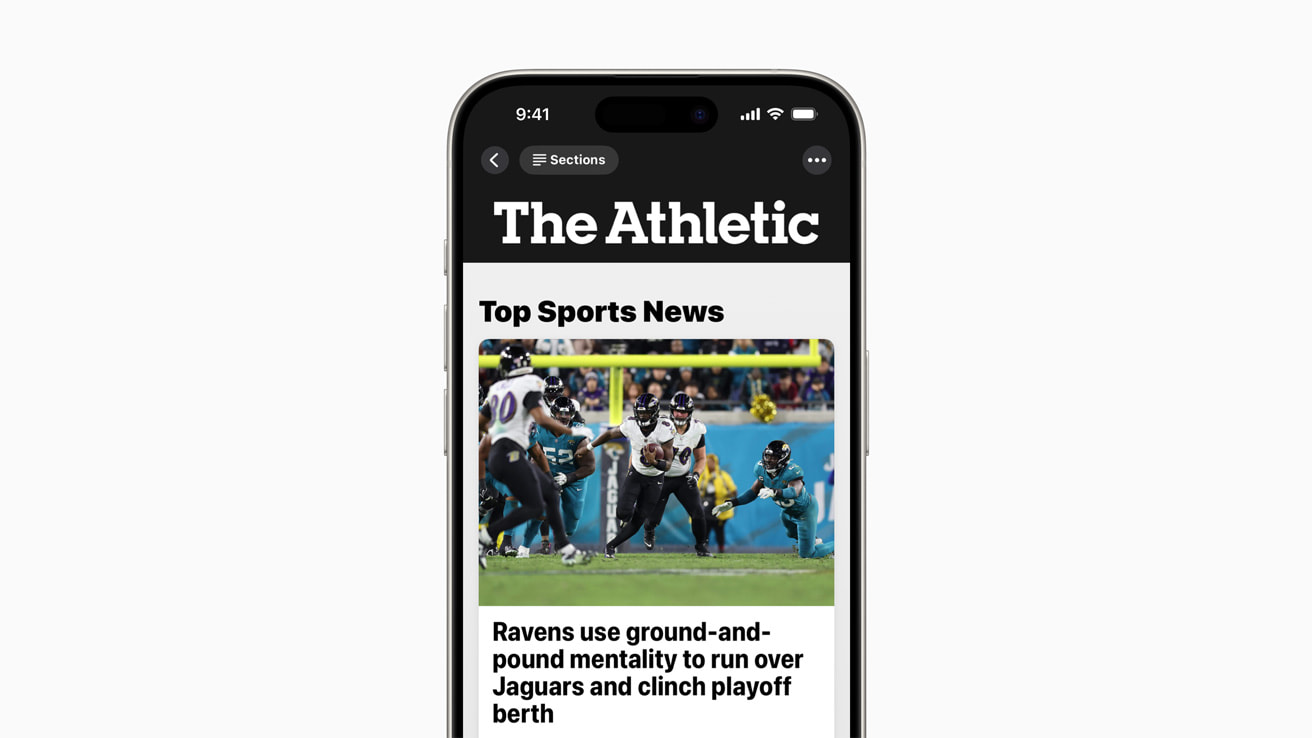 The Athletic sports coverage displayed inside Apple News+ on a phone