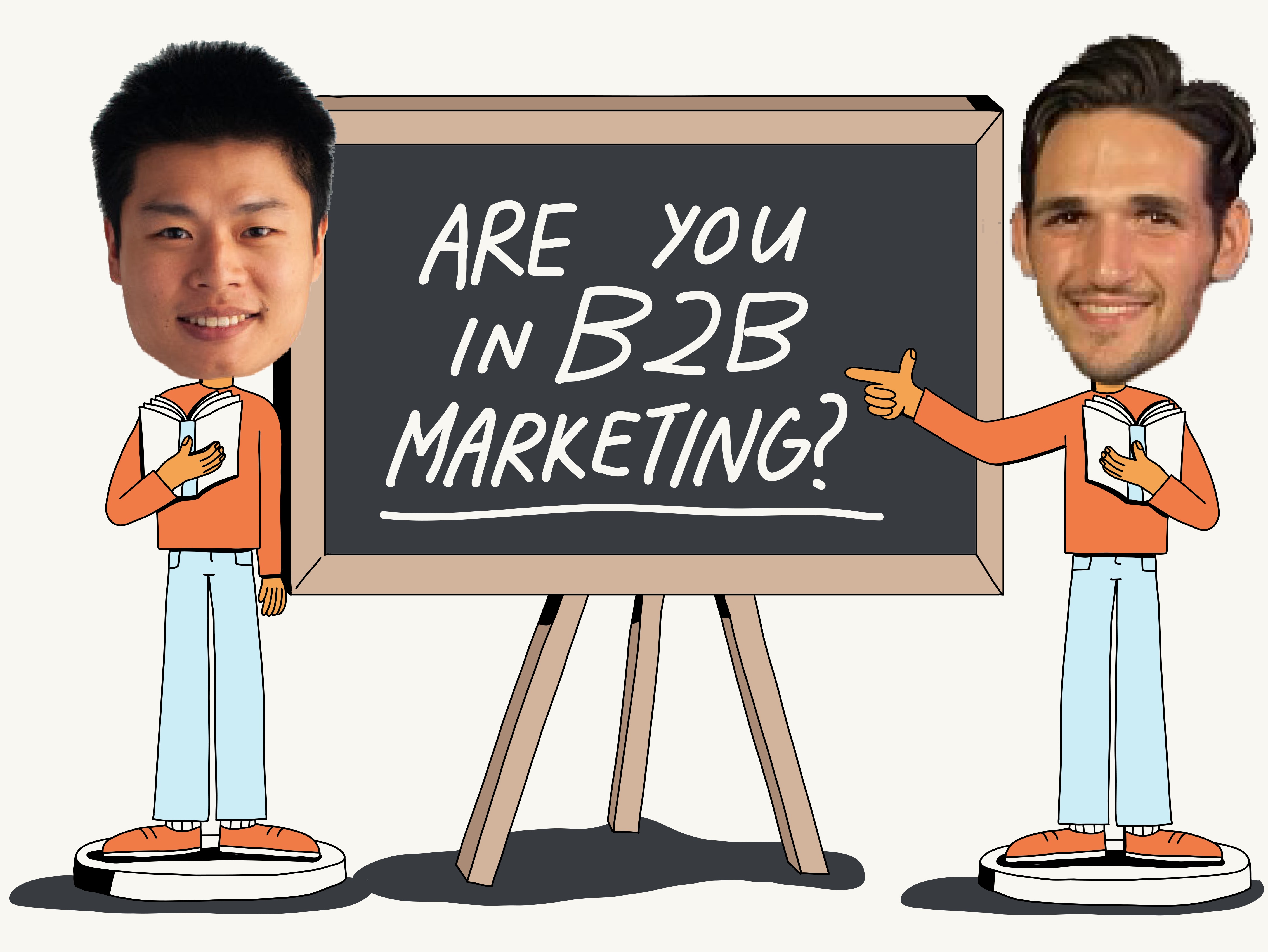 Early company artwork showing Kevin Chen on the left and George Coudounaris on the right as illustrated teachers beside a chalkboard