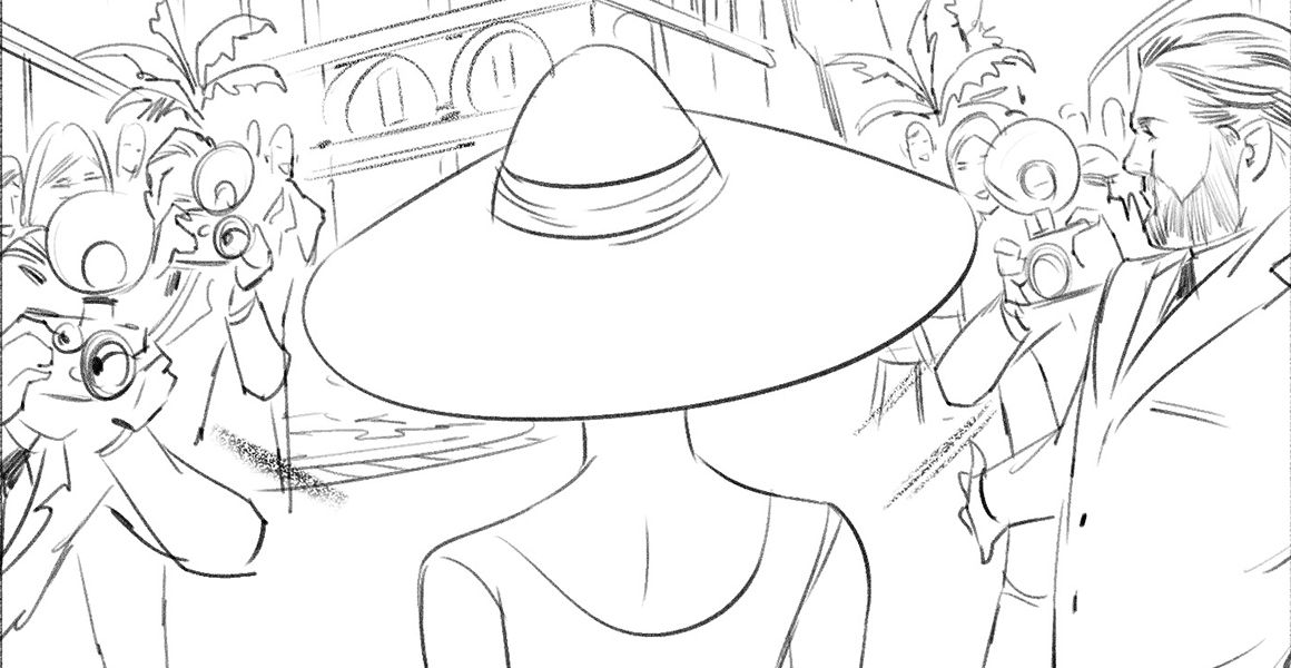 Black-and-white Vita al Mare storyboard showing a woman in a large hat surrounded by photographers
