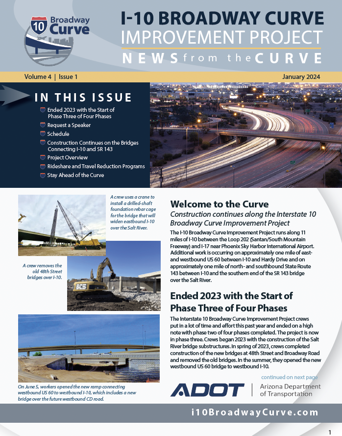 January 2024 I-10 Broadway Curve project newsletter showing freeway construction updates