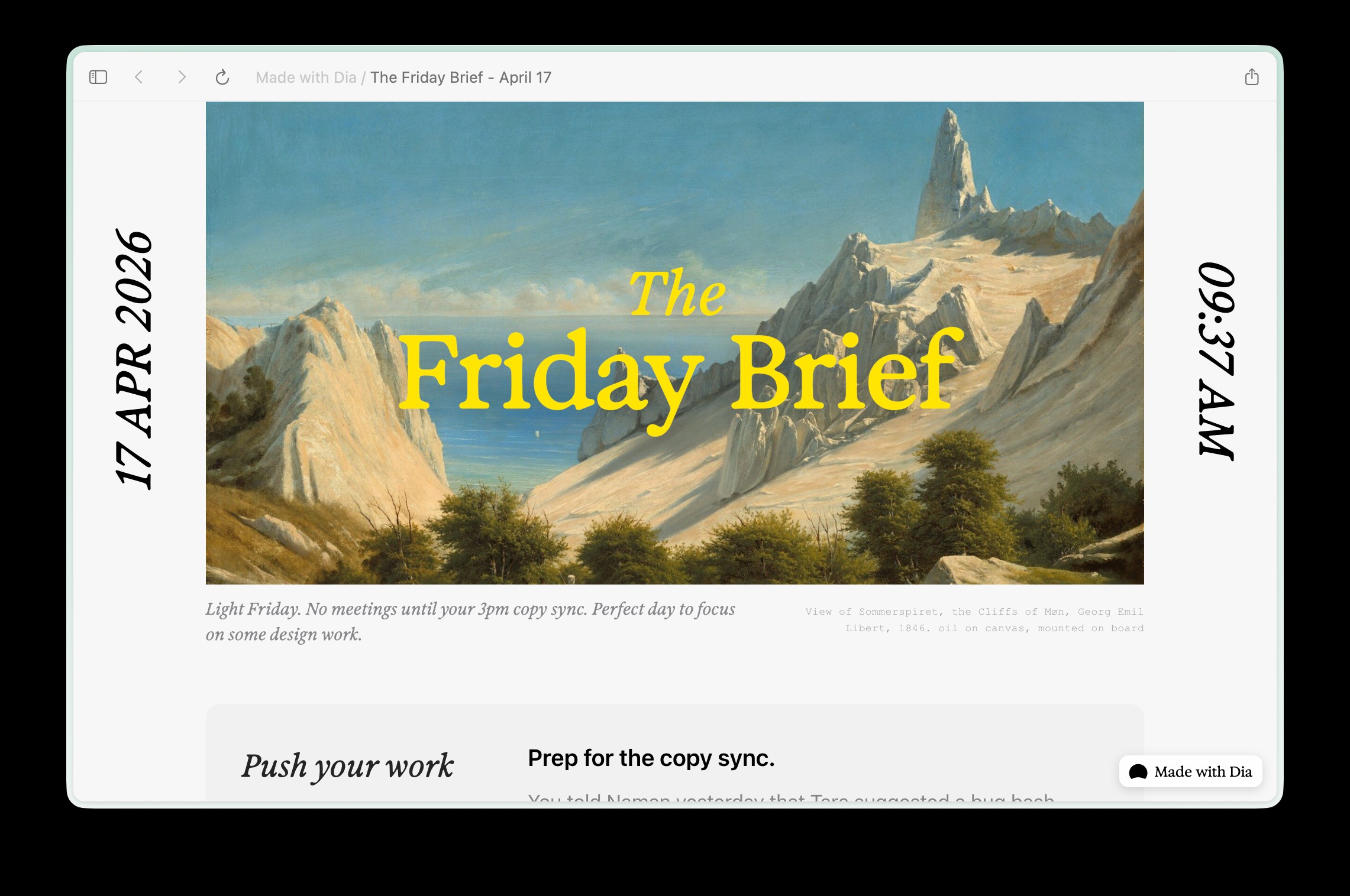 Dia browser displaying a Friday Brief generated from work context