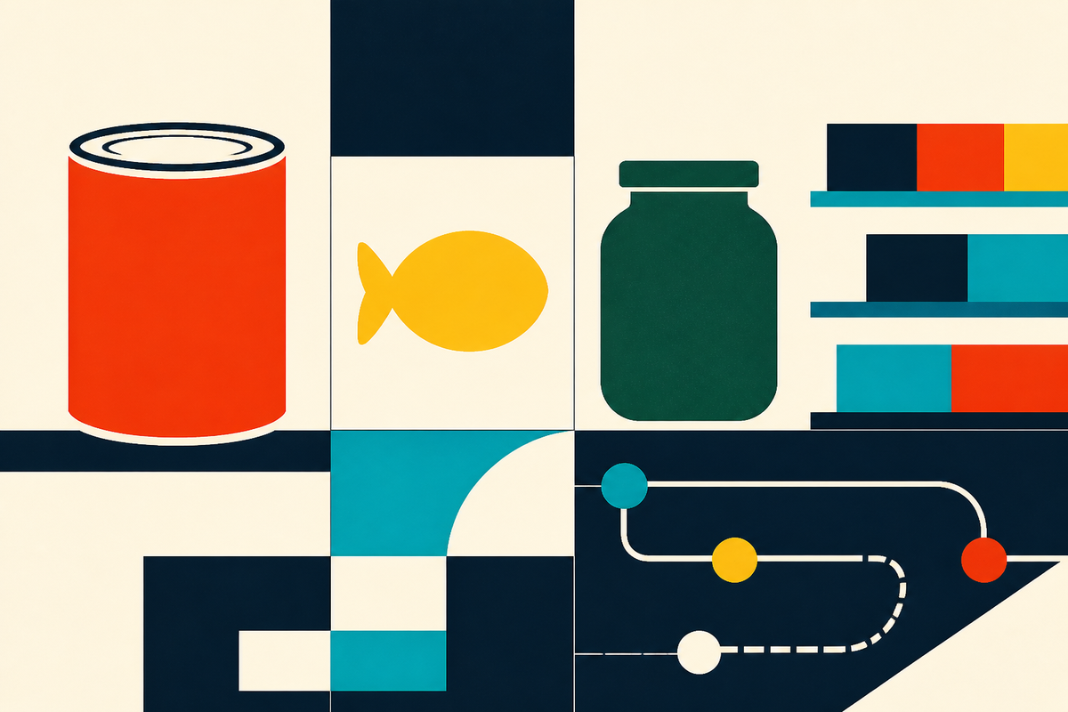 Abstract Swiss-style illustration of a can, fish cracker, sauce jar and distribution paths