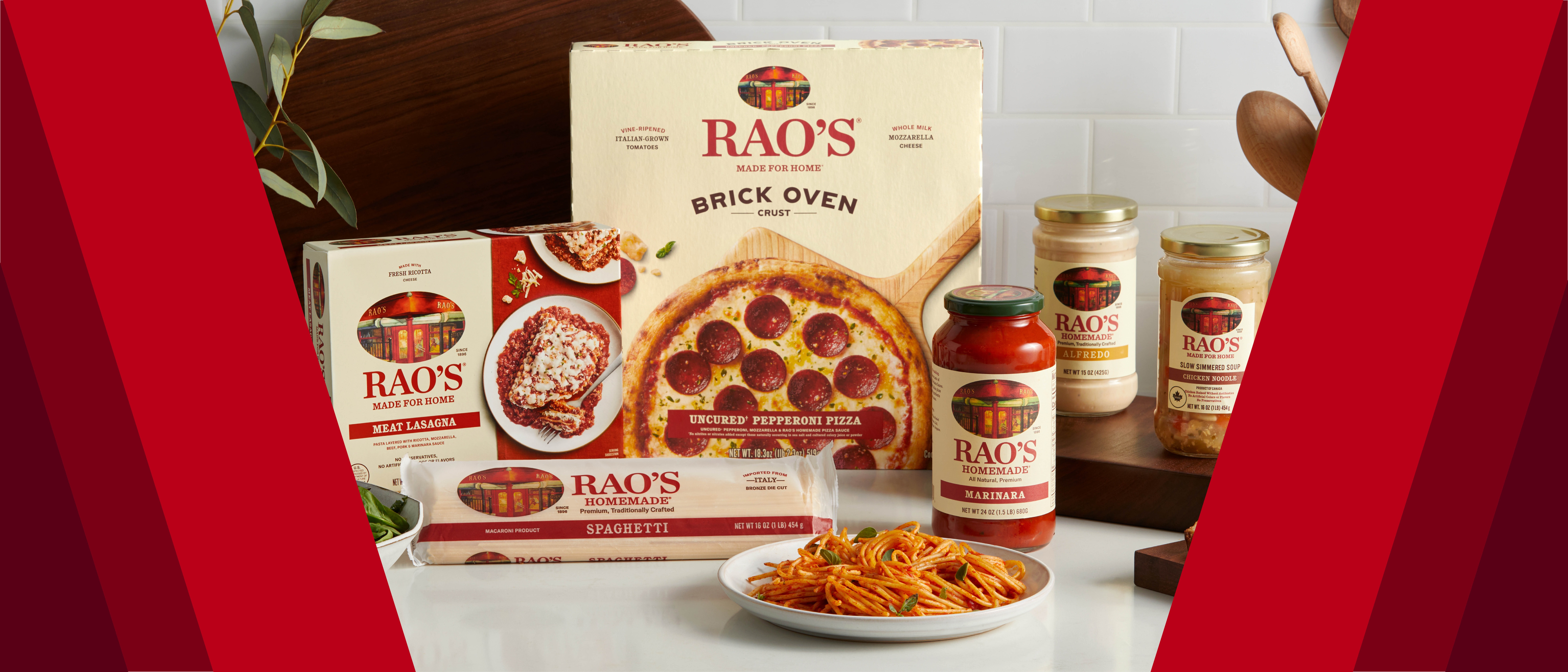 Rao’s Homemade products including sauce, soup, and pasta
