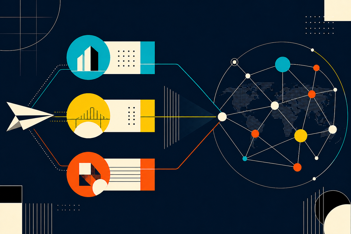 Abstract Swiss-style network showing three investment channels converging on a global system
