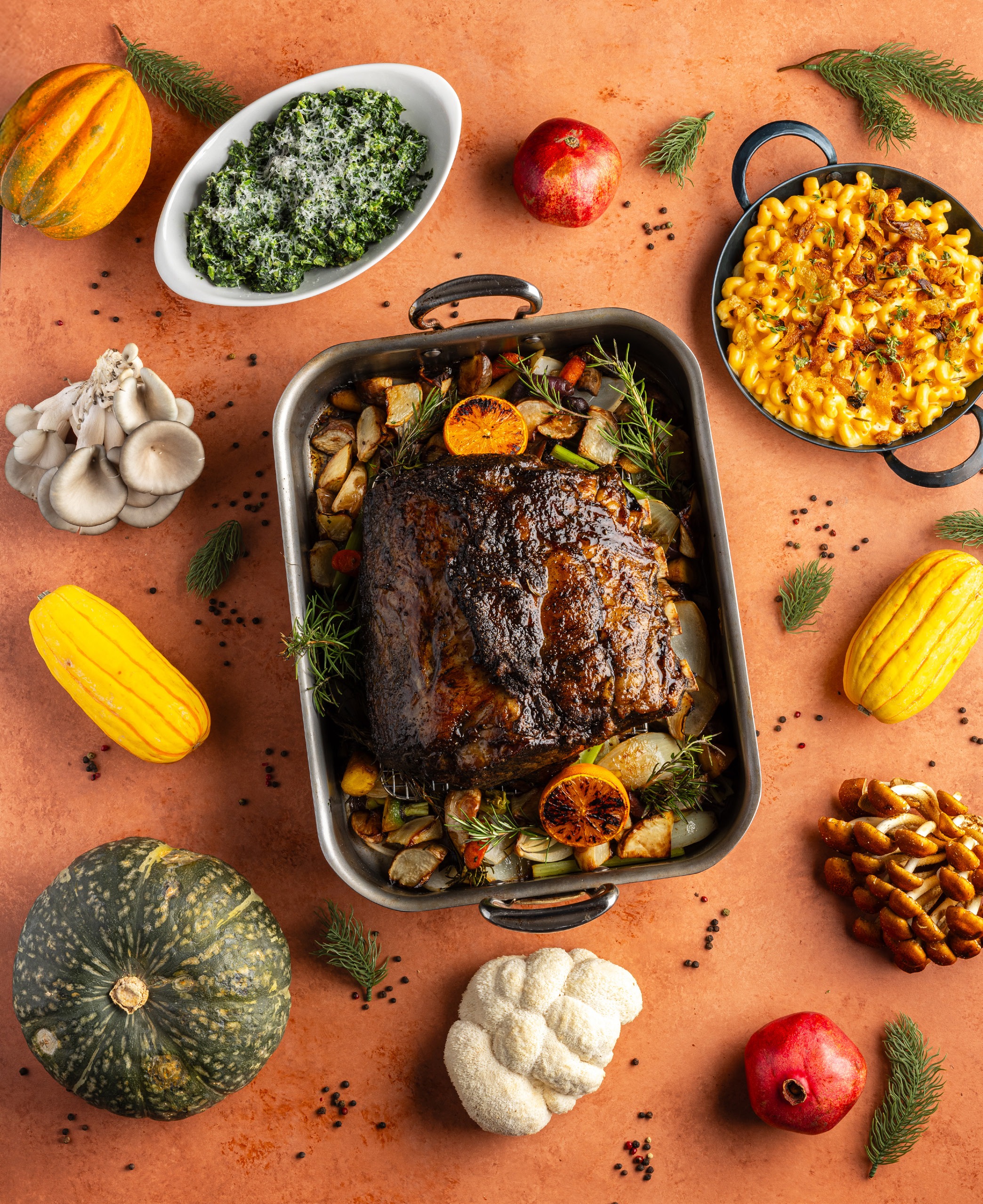 Roast surrounded by mushrooms, squash, greens and macaroni in a food photograph from the company’s October 2025 market report
