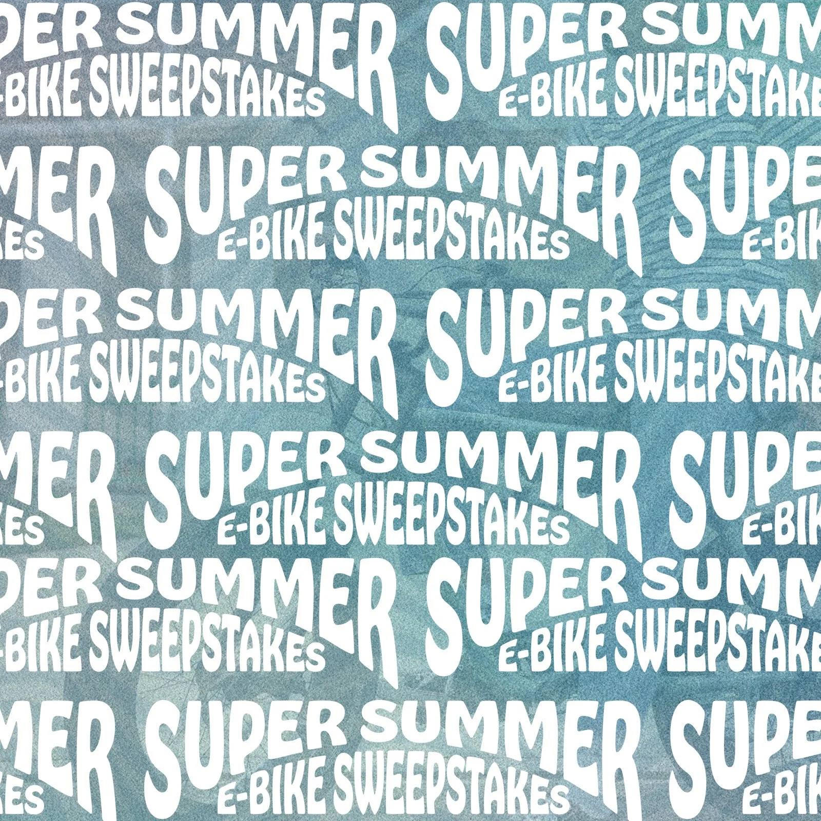 Repeating turquoise and white Super Summer e-bike sweepstakes typography for Board and Brew