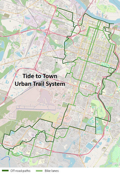 Tide to Town planning graphic showing the Savannah urban trail project