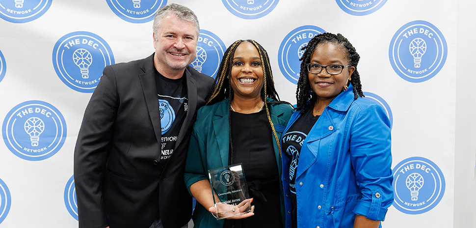 Nikki James receives the Community Advocate Award alongside Bill Chinn and Tarsha Hearns