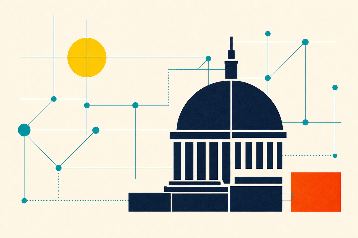 Abstract Swiss Style illustration of a civic dome connected to a distributed network