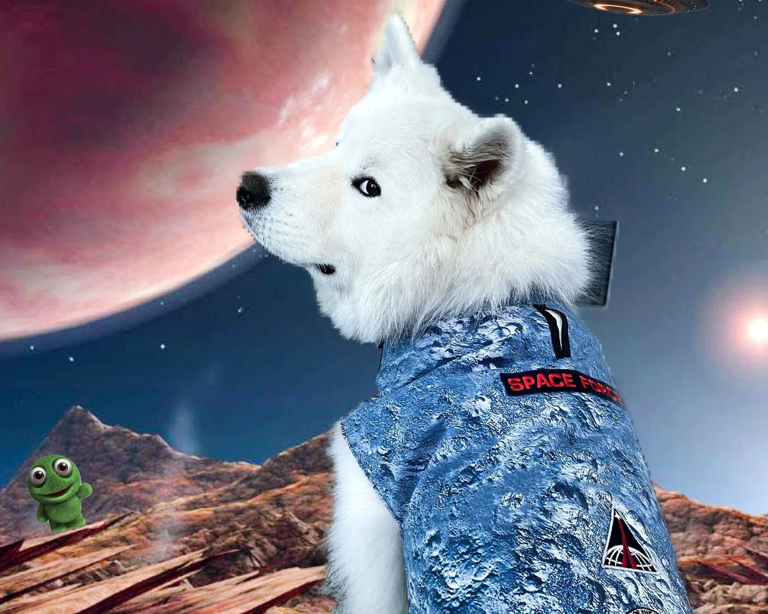 A white dog dressed as a space explorer in a stylized branded content scene