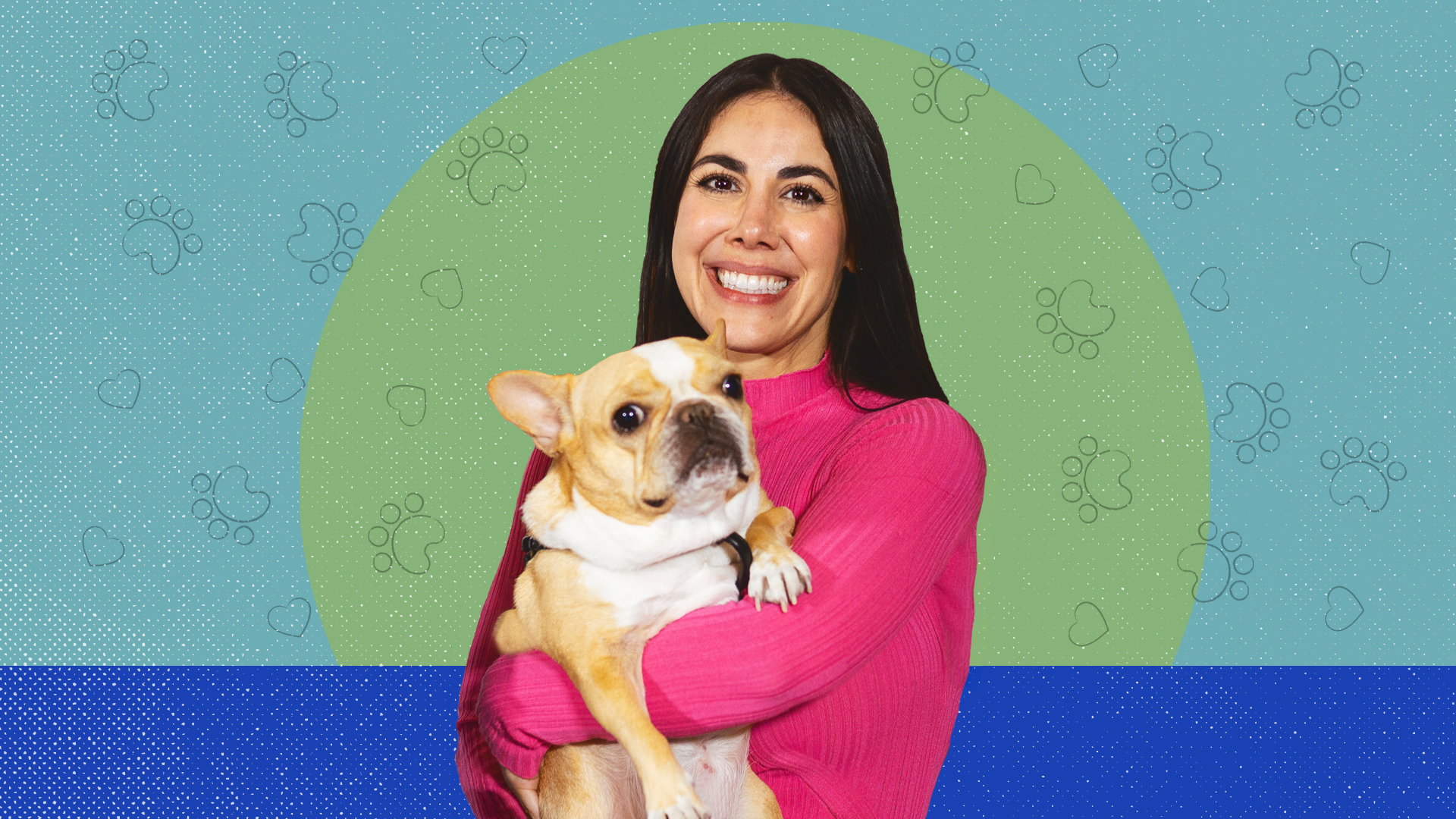 The Dog Agency founder Loni Edwards Lunau holding a French bulldog against a colorful illustrated background