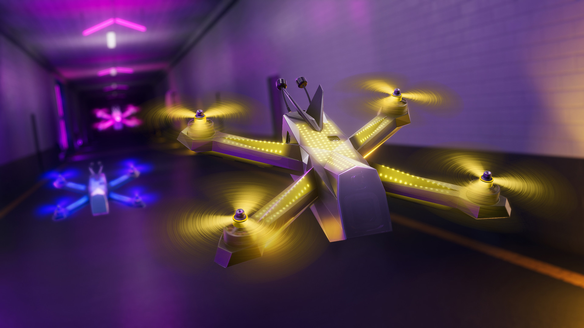 Promotional in-game view of brightly illuminated DRL drones racing through a virtual course