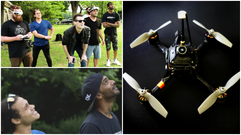 DRL team members watching a flight beside a close view of the RacerX record drone