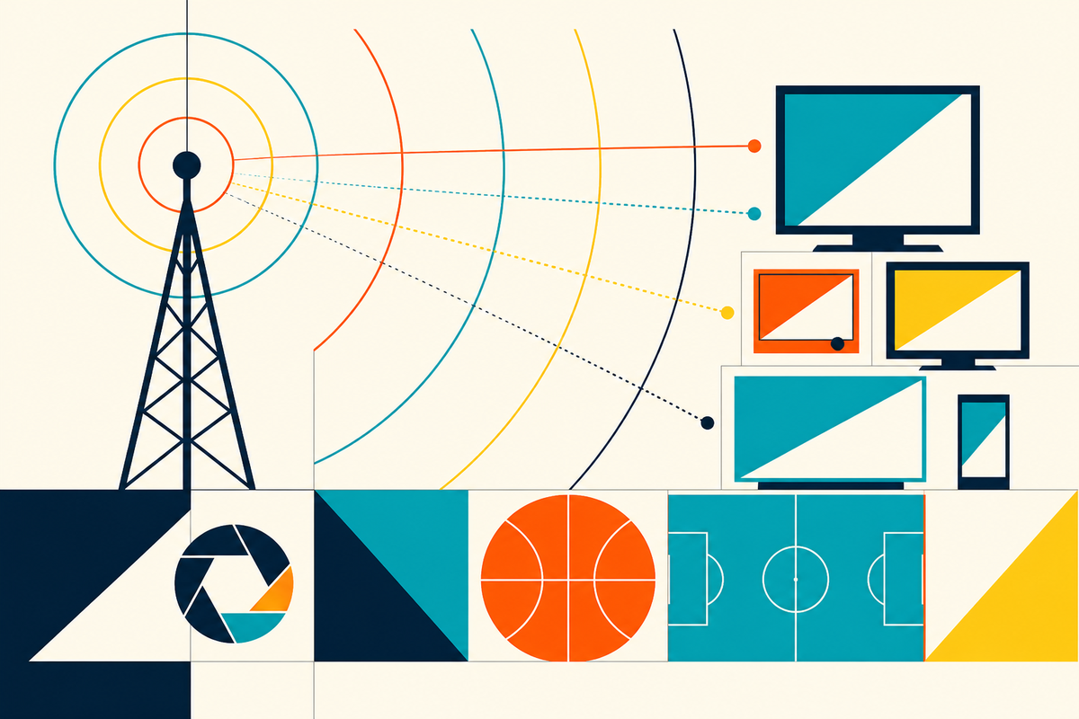 Abstract Swiss Style illustration of broadcast signals traveling from a tower to televisions and sports fields
