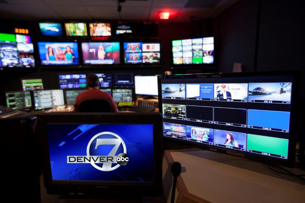 Screens and production equipment in the KMGH Denver7 television control room