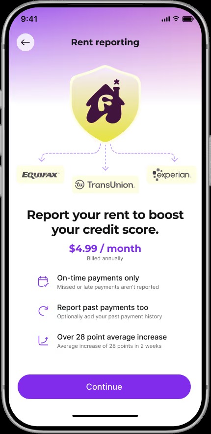 Fancy promotional app screen showing rent reporting, three credit bureaus and a $4.99 monthly price billed annually