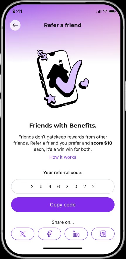 Fancy referral screen advertising ten dollars for the referrer and ten dollars for the friend