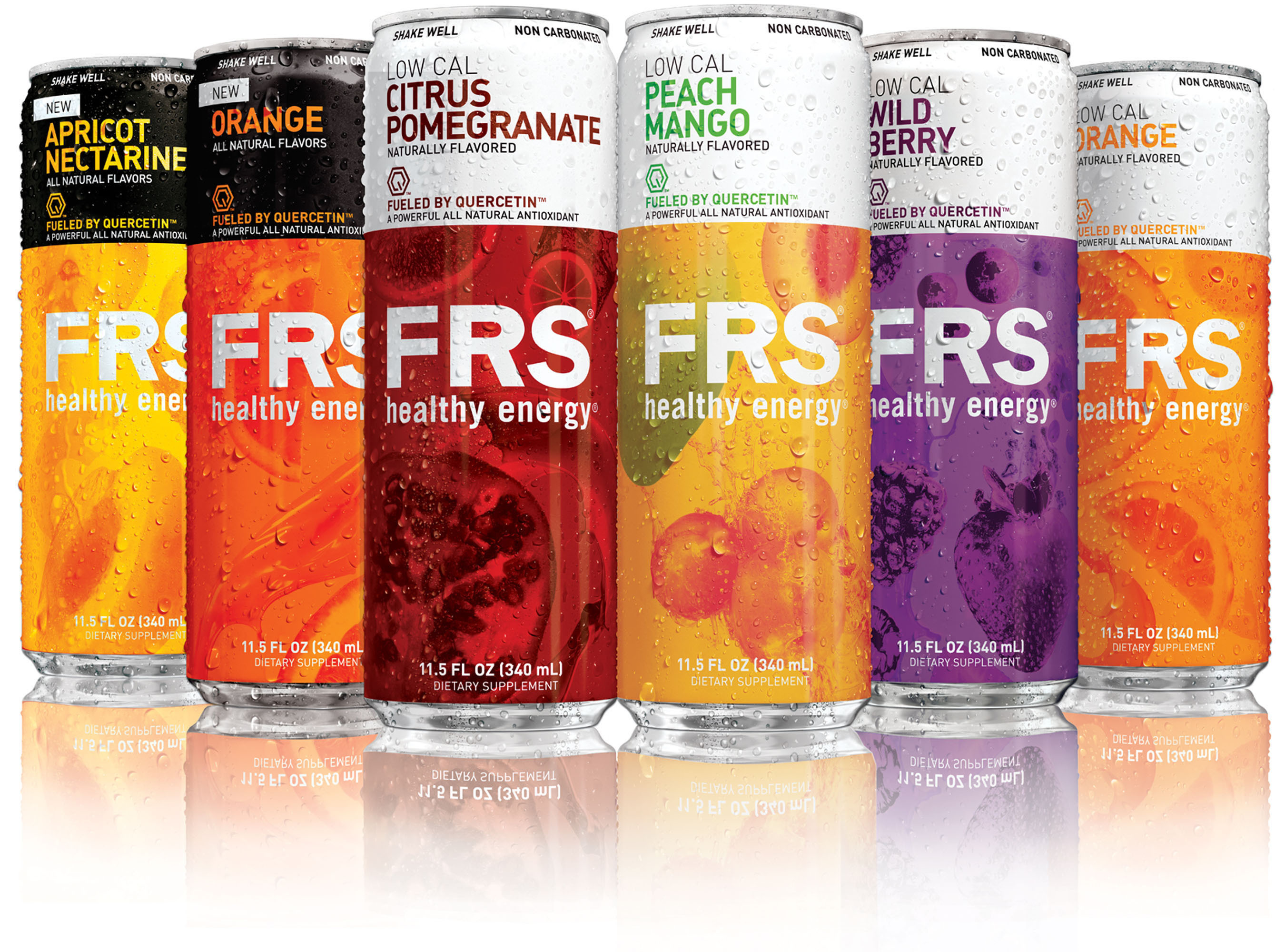 Six colorful FRS Healthy Energy cans from the 2010 redesign