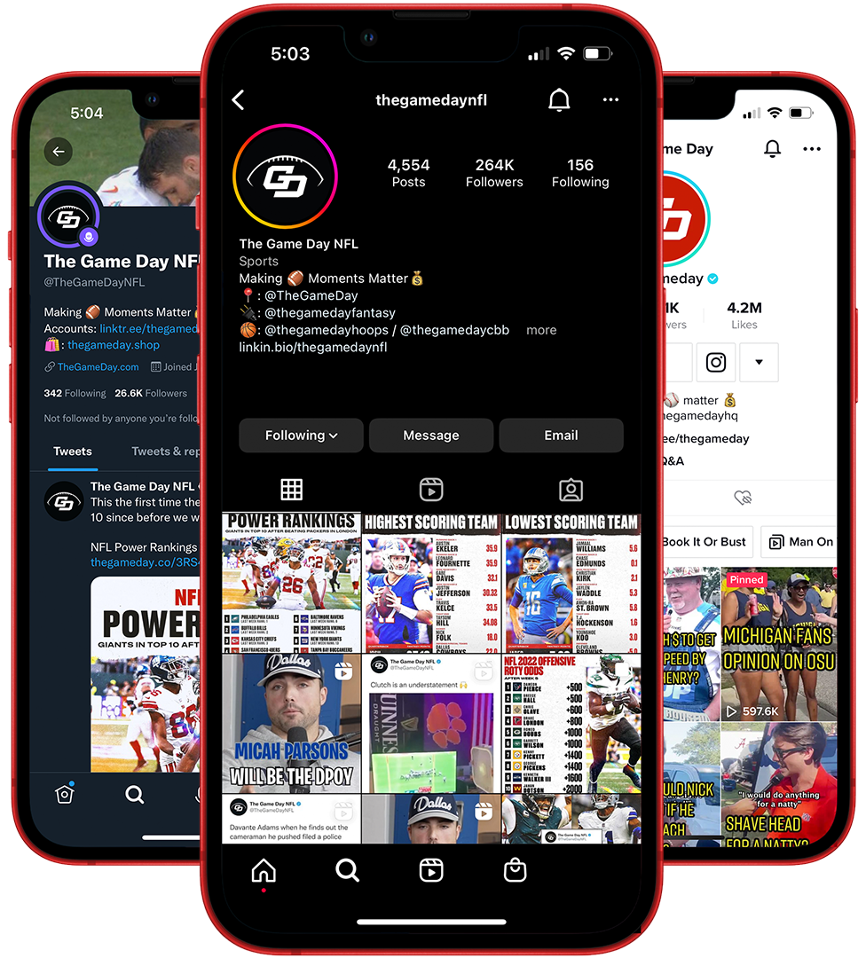 Historical Game Day promotional montage showing its Twitter, Instagram and TikTok feeds on phones