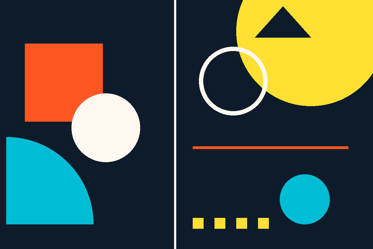 Swiss-style geometric composition in navy, yellow, teal and orange representing play, blocks and curiosity