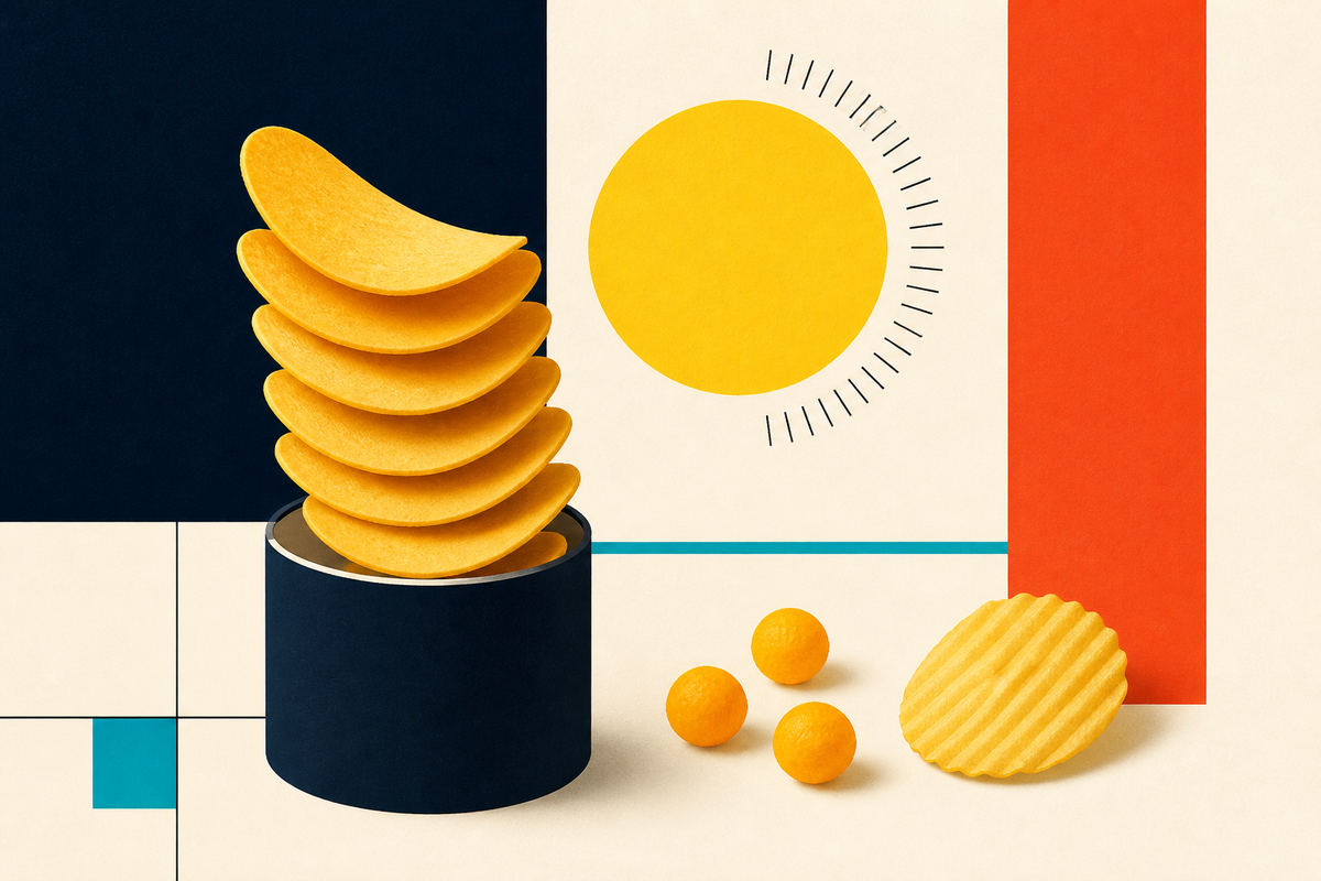 Abstract Swiss-style arrangement of stacked crisps, cheese balls and a crinkle-cut chip