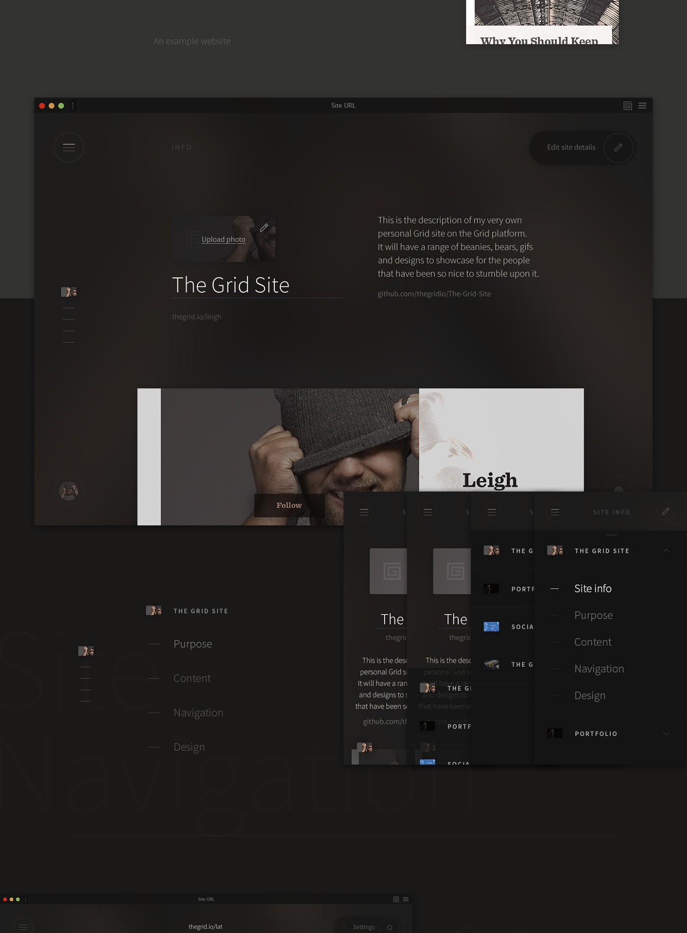 Leigh Taylor's 2015 concept screens for The Grid's dark publishing interface
