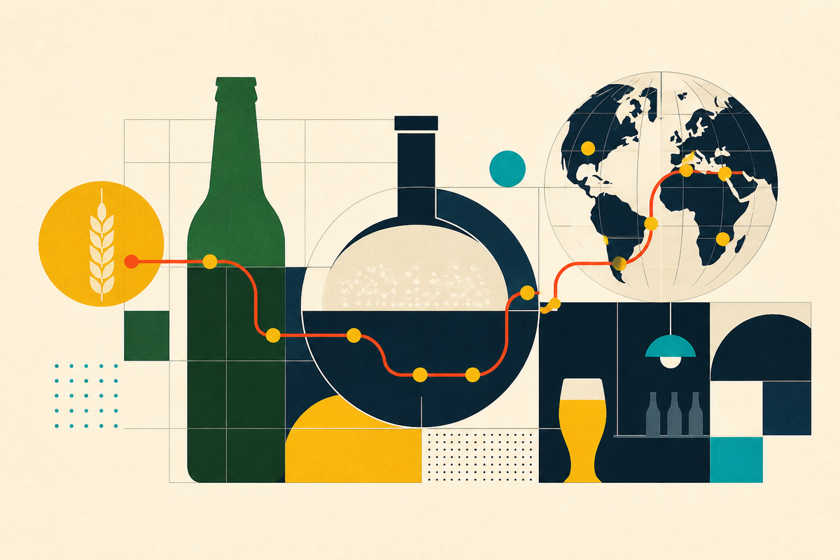 Abstract Swiss-style illustration tracing barley through brewing, distribution and a global network