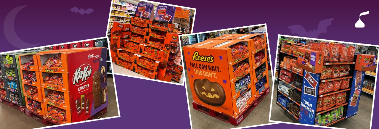 Hershey seasonal candy displays prepared for Halloween retail