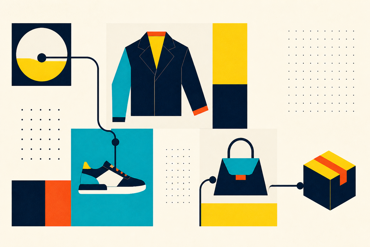 Abstract Swiss-style composition linking fashion items to a delivery parcel