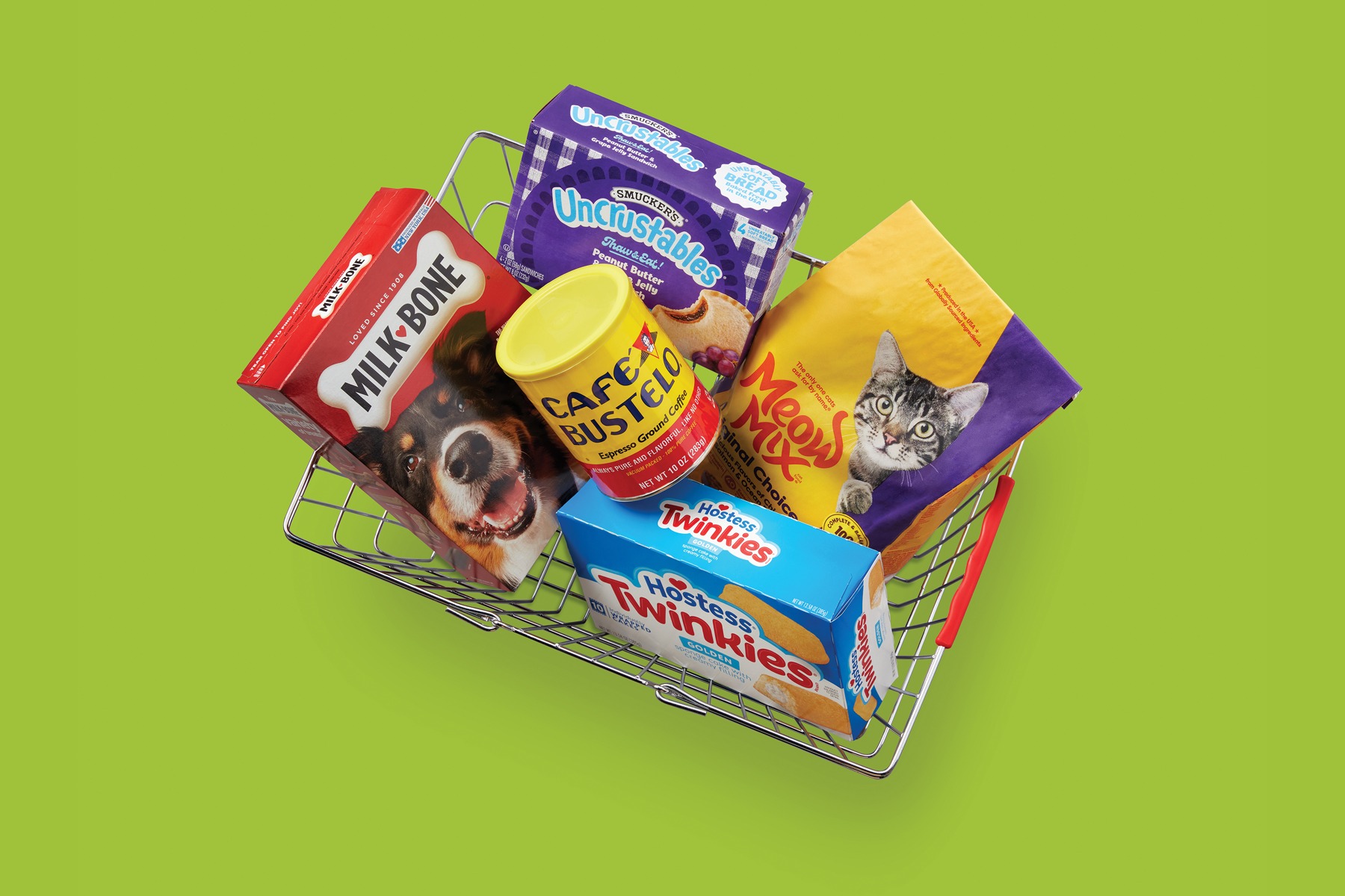 Basket of Smucker company brands, including coffee, spreads and pet products