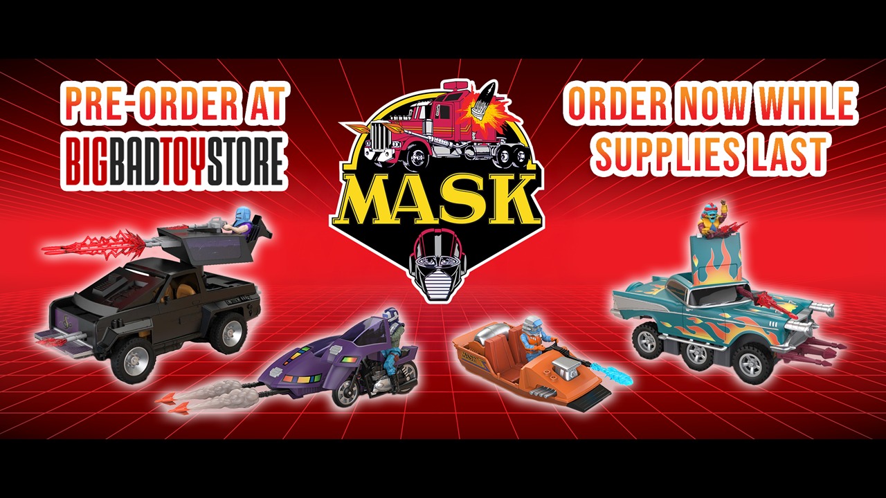 The Loyal Subjects M.A.S.K. vehicles and figures arranged on a red grid around the M.A.S.K. logo