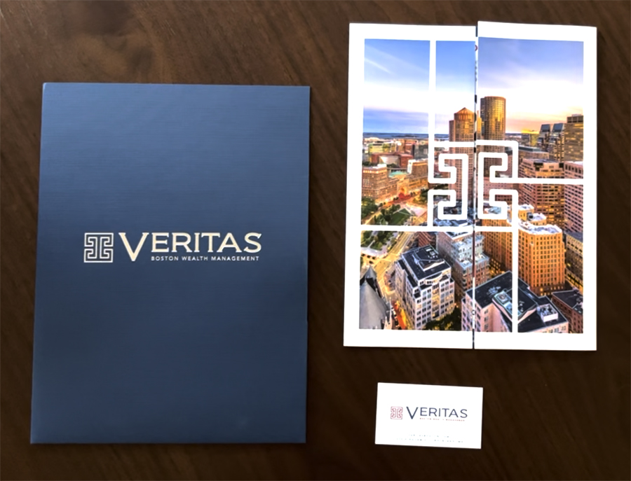 A collection of Veritas Boston Wealth Management branded print materials designed by The Mavens Agency