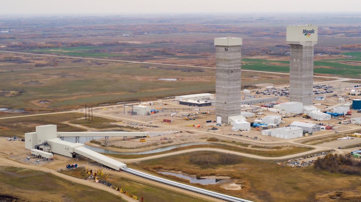 Aerial view of the two K3 headframes and surface infrastructure at Esterhazy