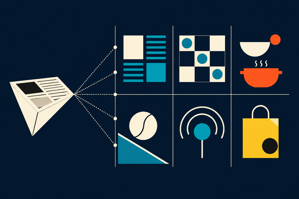 Abstract Swiss-style illustration of a folded newspaper feeding a grid of daily-use media products