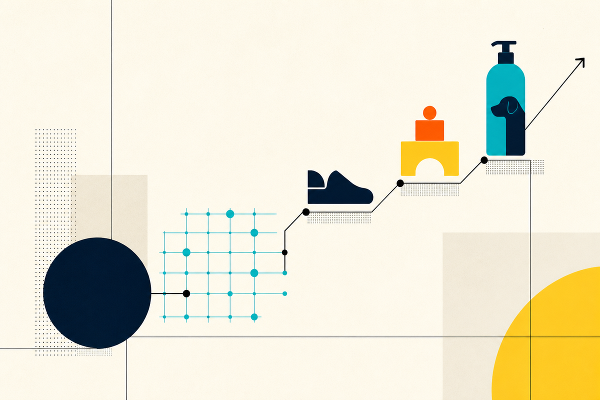 Abstract Swiss-style illustration connecting capital, data and consumer products on a rising path