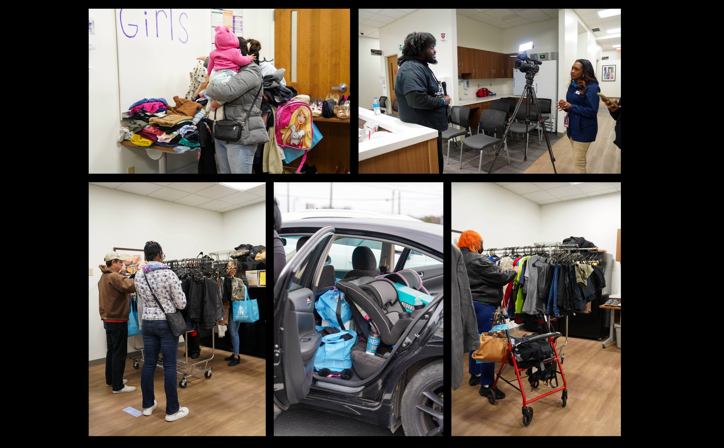 A collage showing a Richmond clothing distribution, visitors selecting garments, supplies in a car, and a Newviews camera interview at a community care site