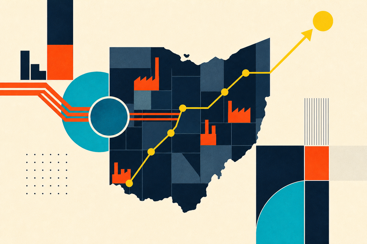Abstract Swiss-style map of Ohio crossed by industrial rails, capital circles and an ascending network path