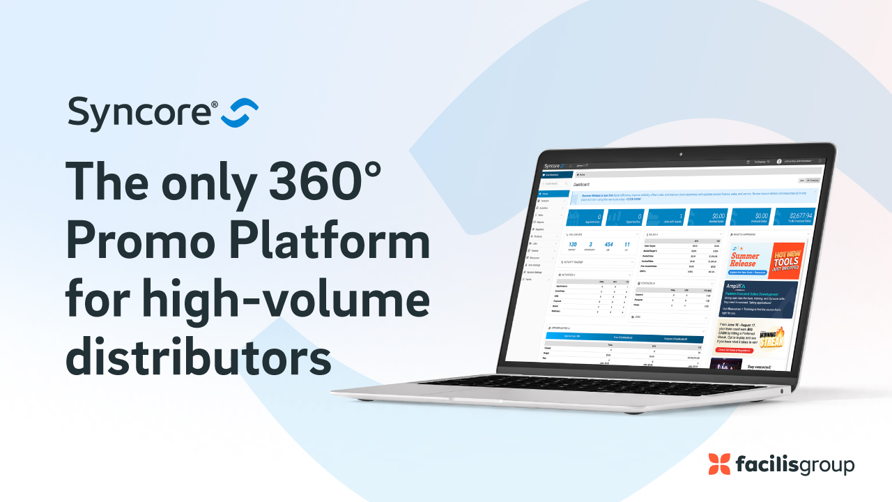 Syncore promotional-products platform shown across desktop and laptop screens