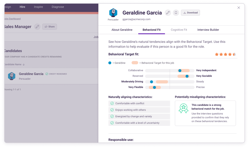 PI candidate details interface showing assessment information alongside hiring tools