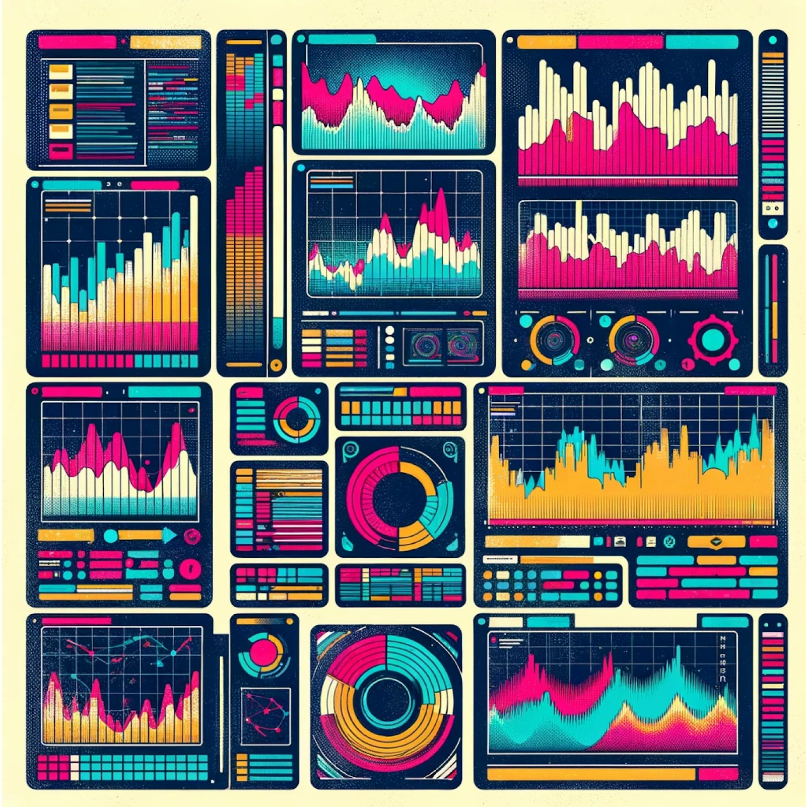 A colorful illustrated monitoring dashboard with charts, gauges and data panels