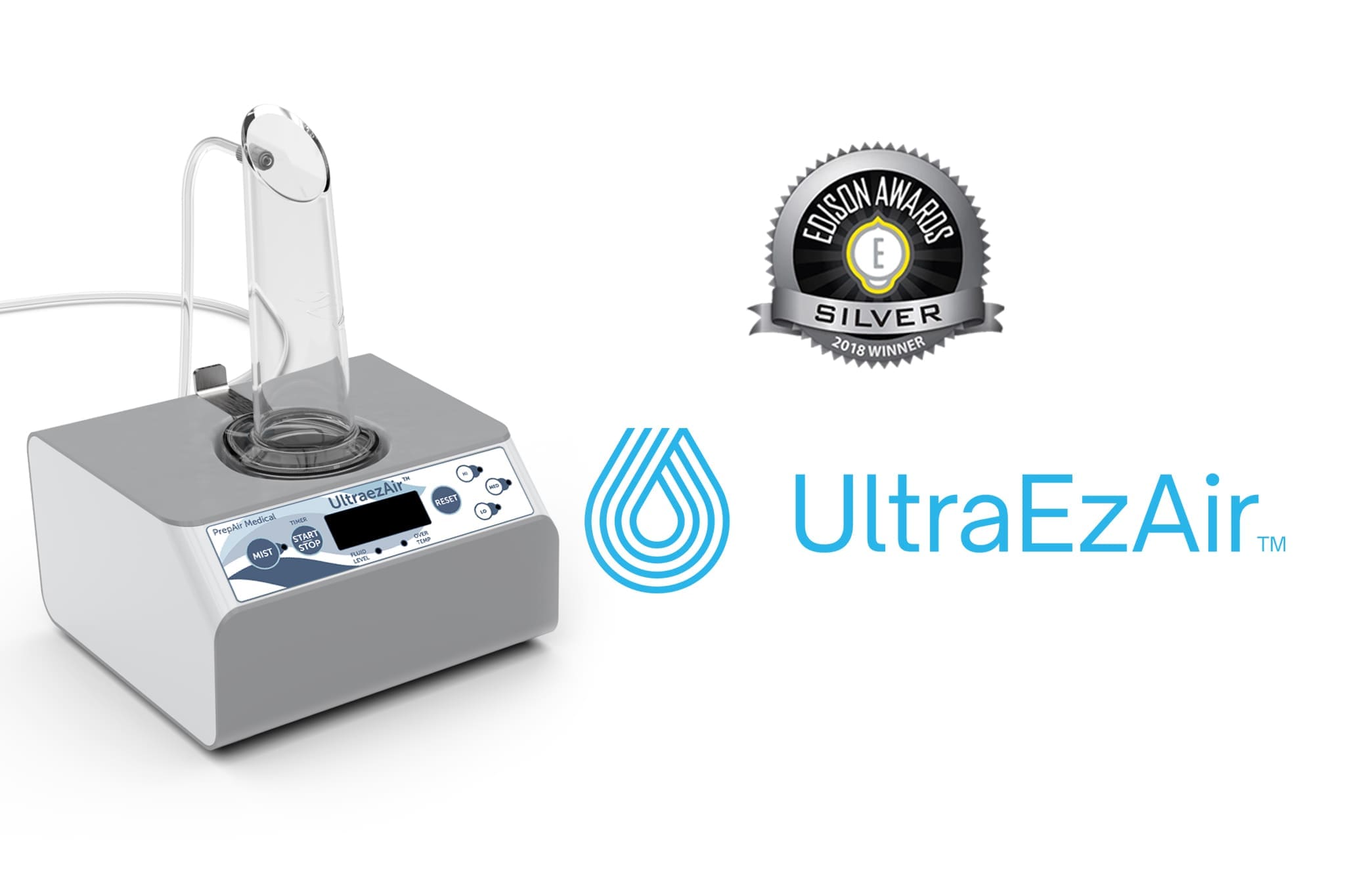 UltraEzAir mist-delivery device shown in a product rendering with its Edison Award badge