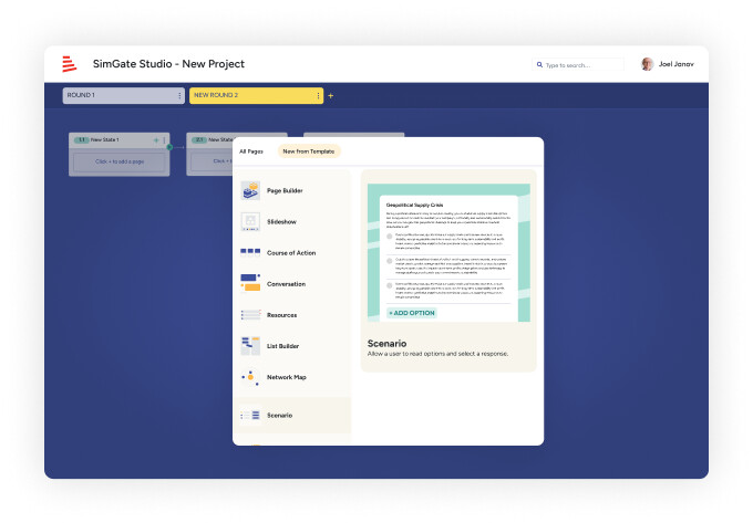SimGate Studio interface showing a scenario page being added to a simulation flow