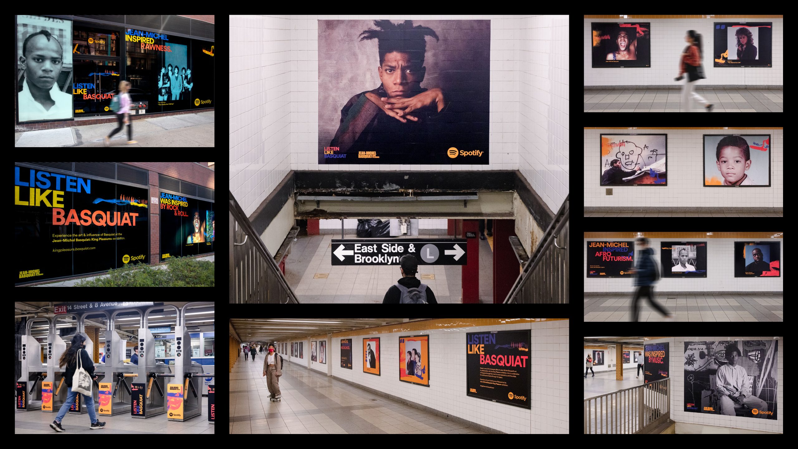 Portfolio collage of Spotify Listen Like Basquiat advertising across subway and street placements