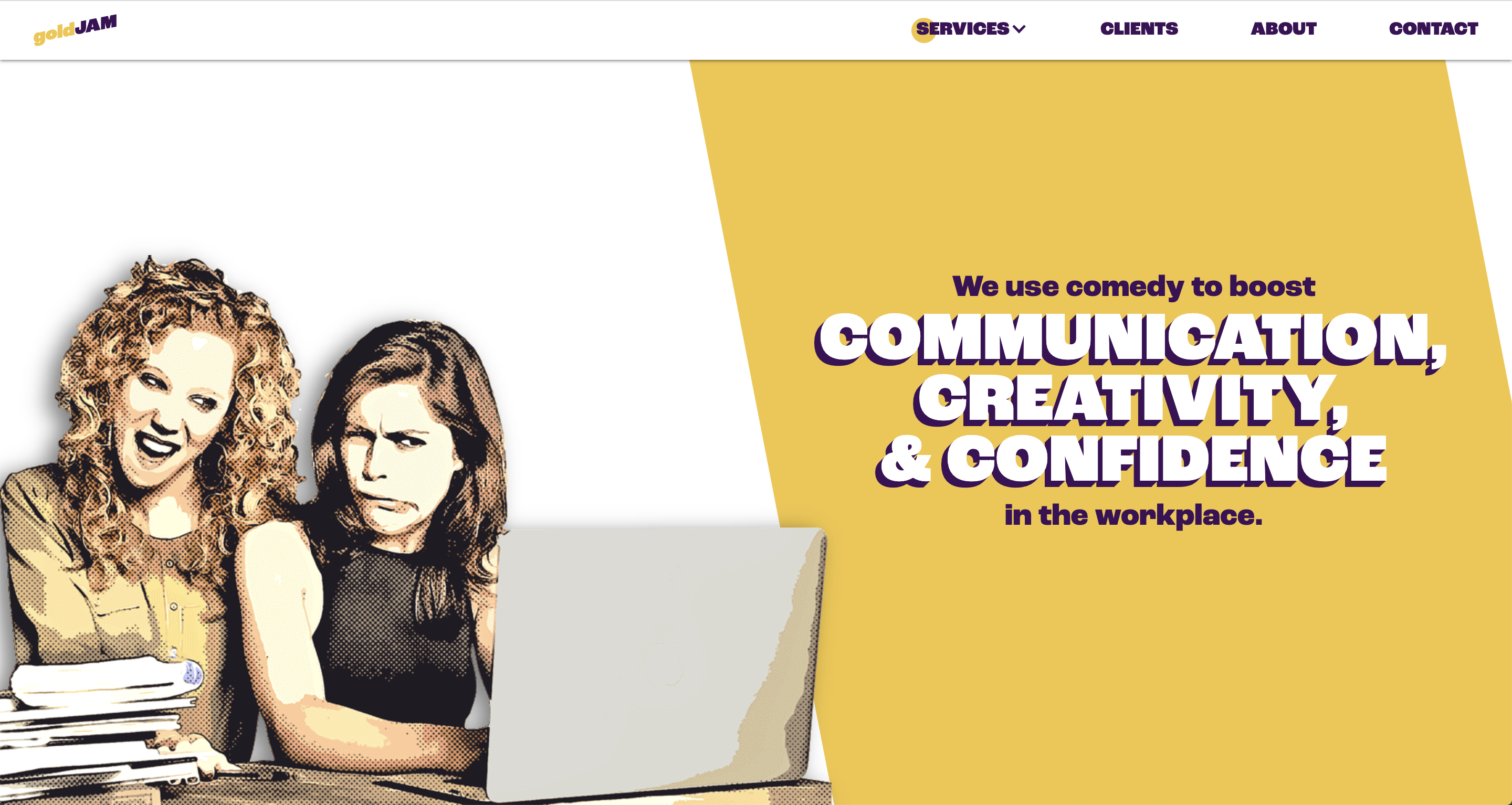 GoldJam website design with yellow and purple typography and illustrated portraits