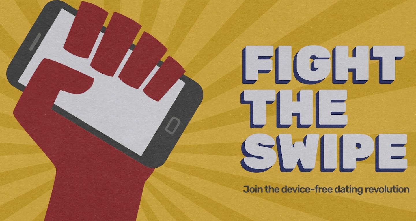 Fight the Swipe artwork: a raised red fist holding a phone against yellow rays