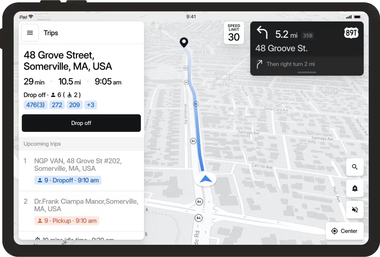 Drive Pingo tablet interface showing navigation, a drop-off and upcoming trips