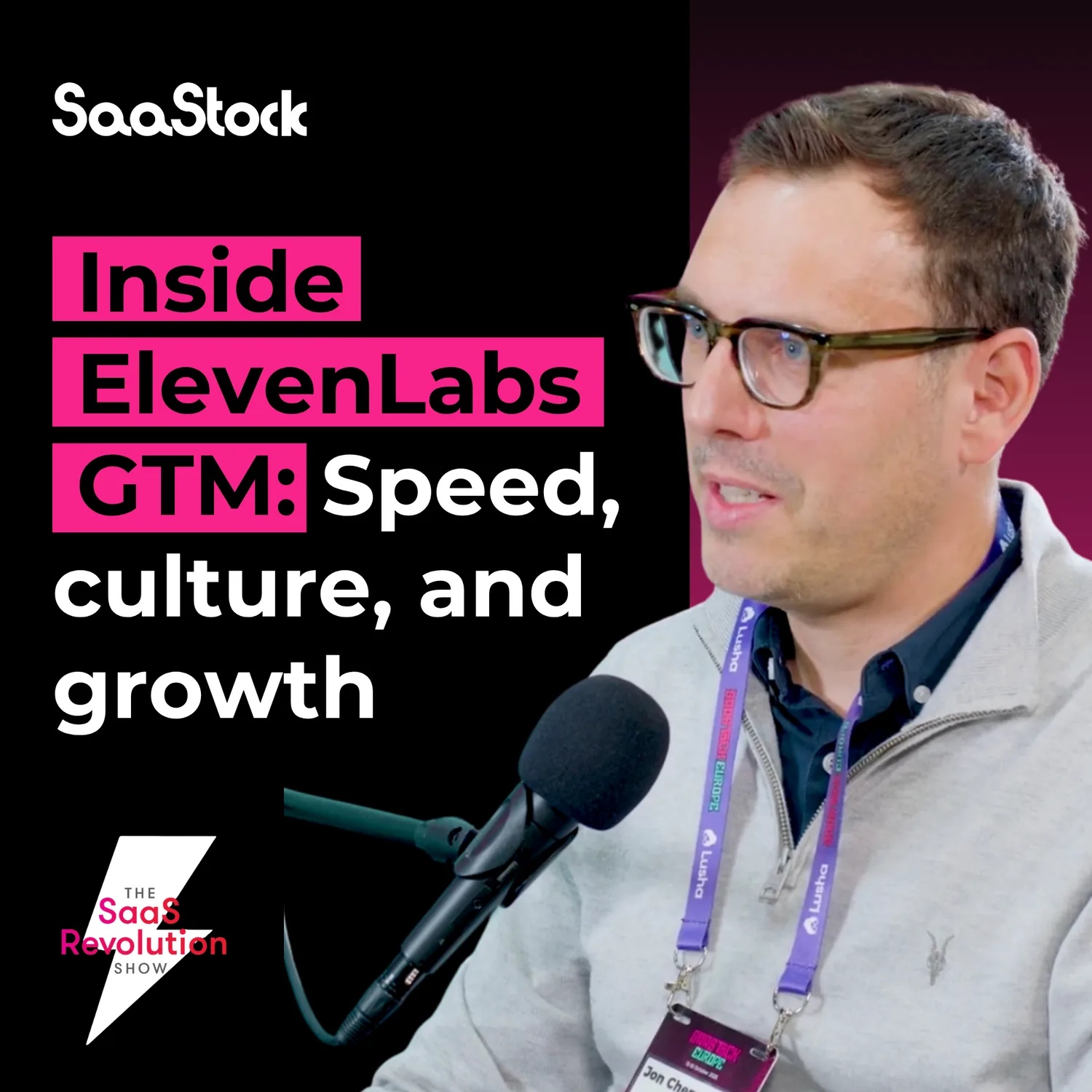 SaaStock interview artwork showing ElevenLabs GTM leader Jonathan Chemouny speaking into a microphone