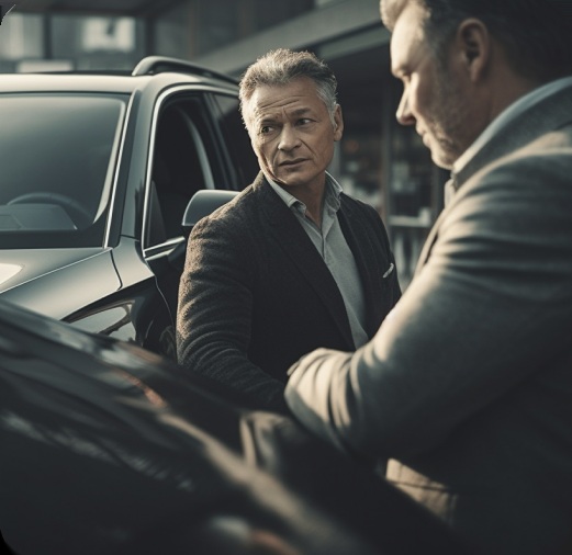 Two people discussing a vehicle beside its open hood in company marketing imagery