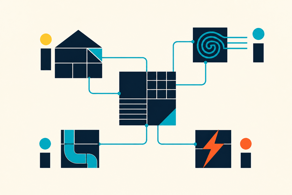 Abstract Swiss-style network of a house, airflow, pipe and electrical symbols linked to a shared central system